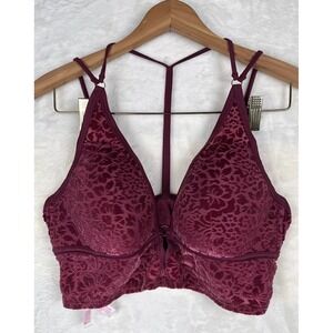 PINK Victoria Secret L Burgundy Velvet Floral Lightly Lined Bralette Top Sexy